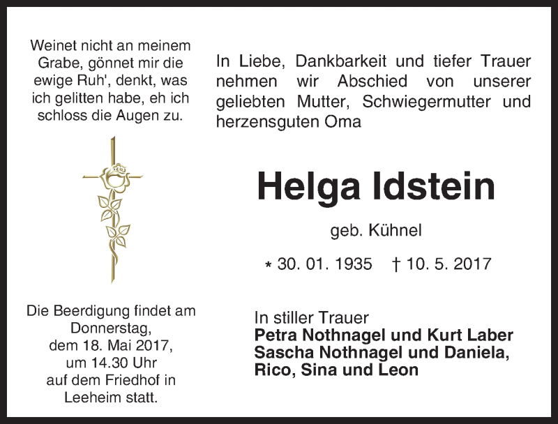  Traueranzeige für Helga Idstein vom 16.05.2017 aus Trauerportal Echo Online