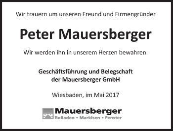 Traueranzeige von Peter Mauersberger von Trauerportal Rhein Main Presse
