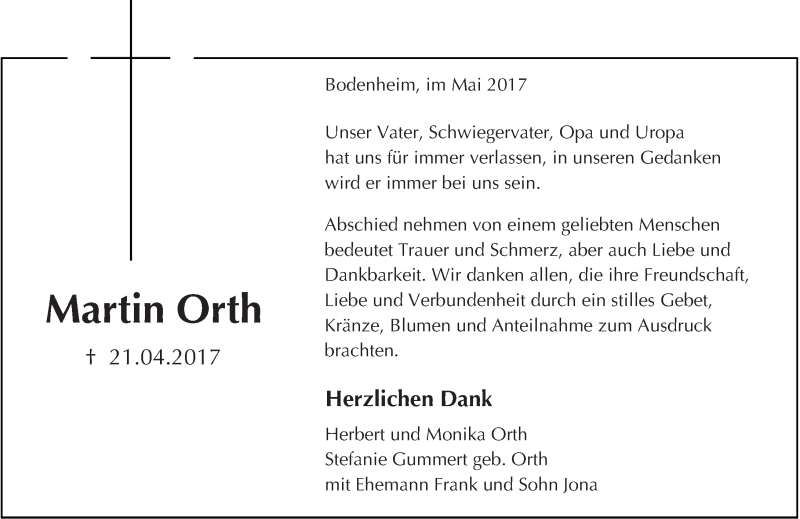  Traueranzeige für Martin Orth vom 20.05.2017 aus Trauerportal Rhein Main Presse