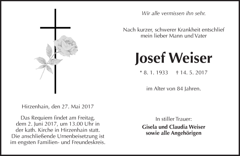  Traueranzeige für Josef Weiser vom 27.05.2017 aus  Kreisanzeiger