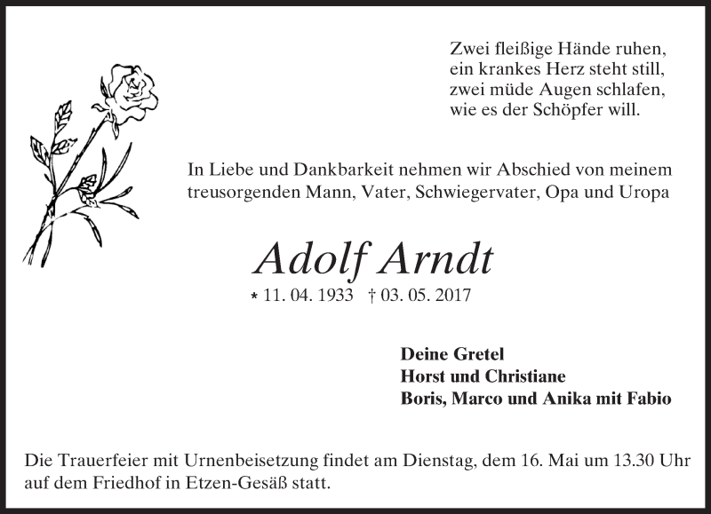 Traueranzeige für Adolf Arndt vom 13.05.2017 aus Trauerportal Echo Online
