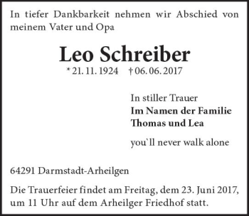Traueranzeige von Leo Schreiber von Trauerportal Echo Online