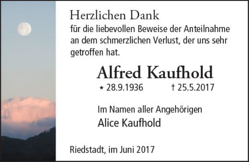  Traueranzeige für Alfred Kaufhold vom 17.06.2017 aus Trauerportal Echo Online