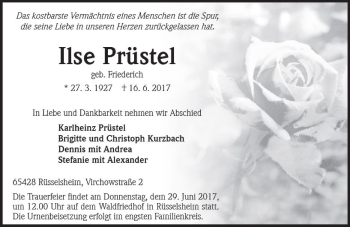 Traueranzeige von Ilse Prüstel von Trauerportal Rhein Main Presse