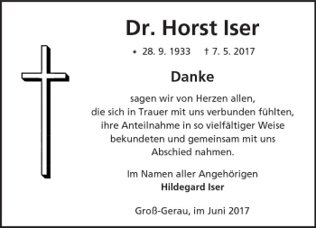 Traueranzeige von Horst Iser von Trauerportal Echo Online