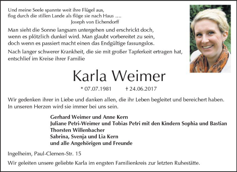  Traueranzeige für Karla Weimer vom 29.06.2017 aus Trauerportal Rhein Main Presse