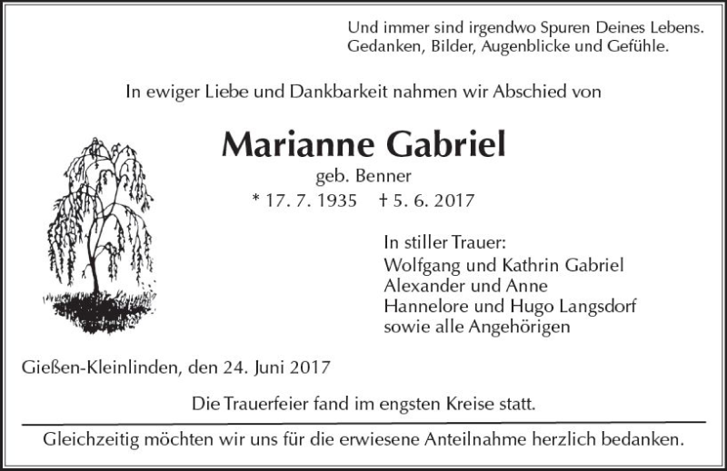  Traueranzeige für Marianne Gabriel vom 24.06.2017 aus  Gießener Anzeiger