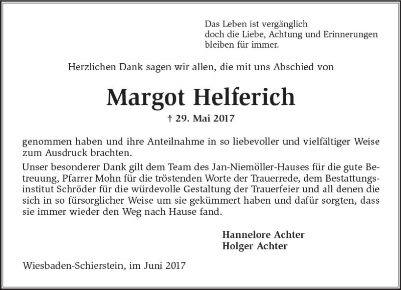  Traueranzeige für Margot Helferich vom 17.06.2017 aus Trauerportal Rhein Main Presse