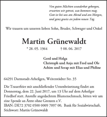 Traueranzeige von Martin Grünewaldt von Trauerportal Echo Online