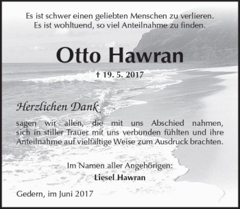 Traueranzeige von Otto Hawran von  Kreisanzeiger