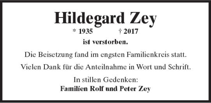  Traueranzeige für Hildegard Zey vom 24.06.2017 aus Trauerportal Rhein Main Presse