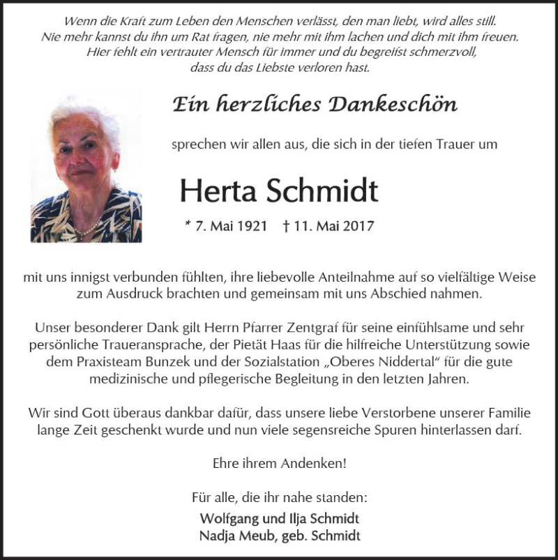  Traueranzeige für Herta Schmidt vom 24.06.2017 aus  Kreisanzeiger