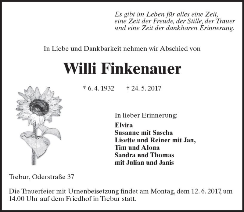  Traueranzeige für Willi Finkenauer vom 07.06.2017 aus Trauerportal Rhein Main Presse