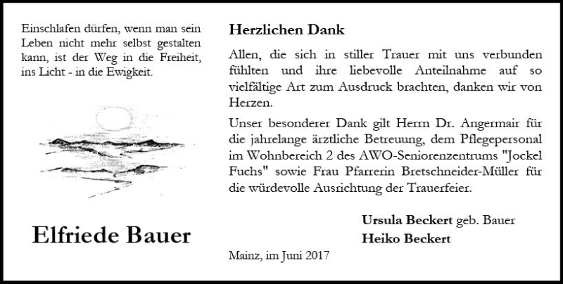  Traueranzeige für Elfriede Bauer vom 10.06.2017 aus Trauerportal Rhein Main Presse