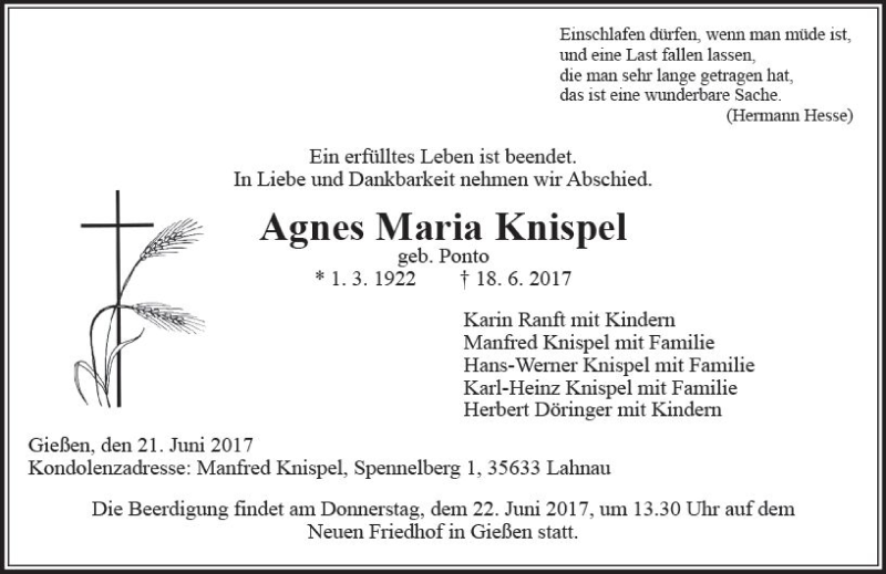  Traueranzeige für Agnes Maria Knispel vom 21.06.2017 aus  Gießener Anzeiger