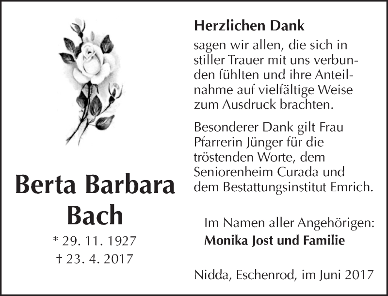  Traueranzeige für Berta Barbara Bach vom 03.06.2017 aus  Kreisanzeiger