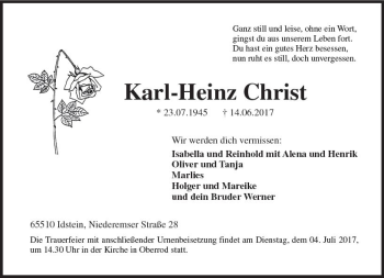Traueranzeige von Karl-Heinz Christ von Trauerportal Rhein Main Presse