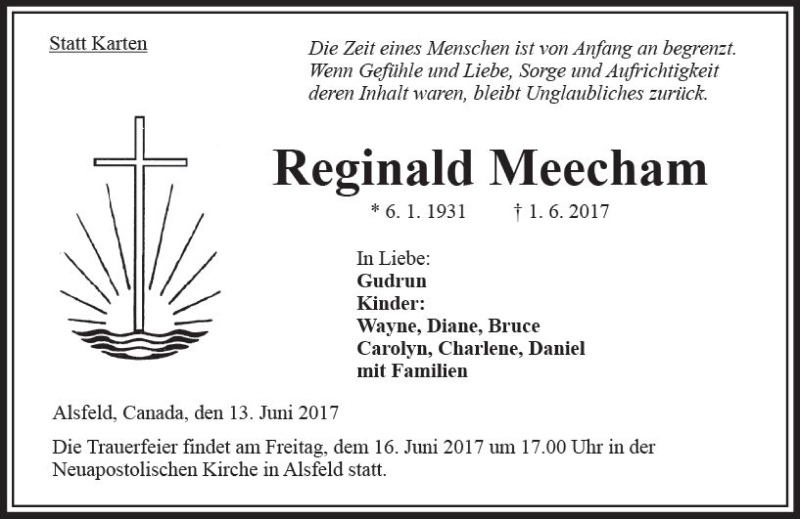  Traueranzeige für Reginald Meecham vom 13.06.2017 aus VRM Trauer