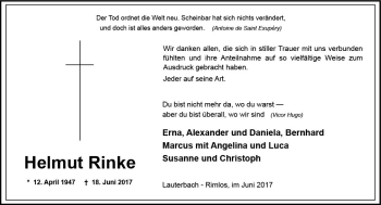 Traueranzeige von Helmut Rinke von VRM Trauer