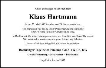 Traueranzeige von Klaus Hartmann von Trauerportal Rhein Main Presse