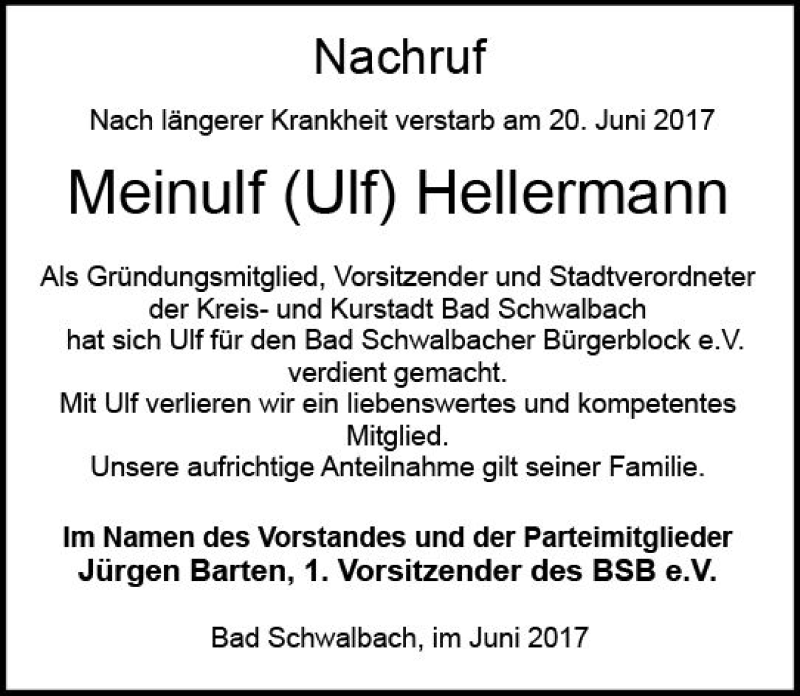  Traueranzeige für Meinulf  Hellermann vom 24.06.2017 aus Trauerportal Rhein Main Presse