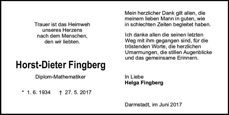  Traueranzeige für Horst-Dieter Fingberg vom 24.06.2017 aus Trauerportal Echo Online