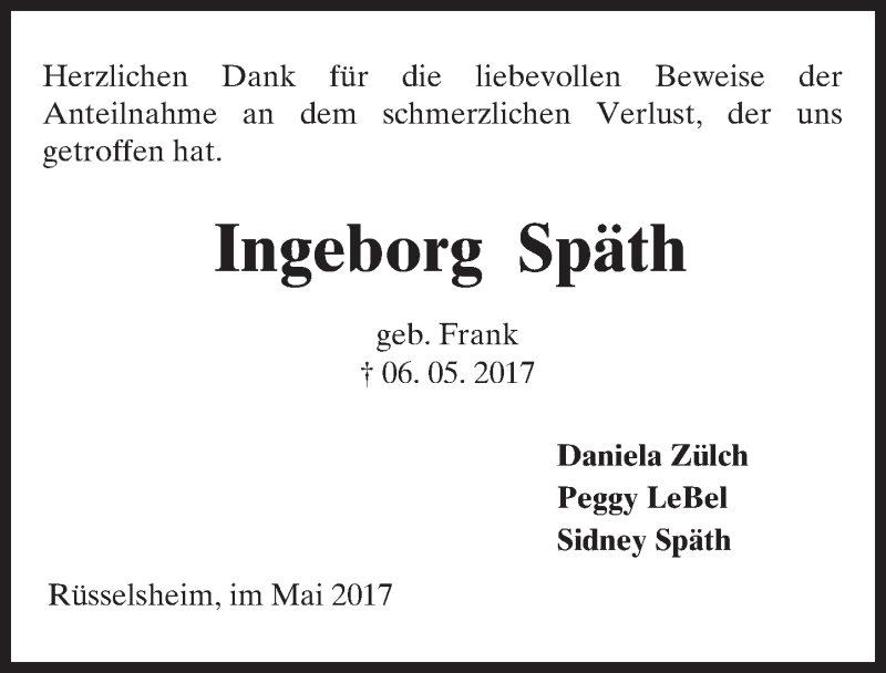  Traueranzeige für Ingeborg Späth vom 02.06.2017 aus Trauerportal Rhein Main Presse