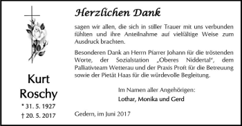 Traueranzeige von Kurt Roschy von  Kreisanzeiger