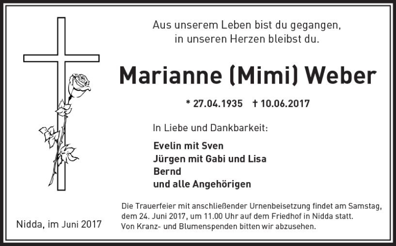  Traueranzeige für Marianne Weber vom 17.06.2017 aus  Kreisanzeiger