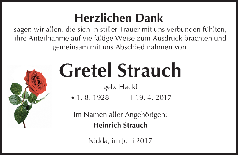  Traueranzeige für Gretel Strauch vom 03.06.2017 aus  Kreisanzeiger