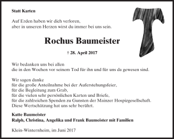 Traueranzeige von Rochus Baumeister von Trauerportal Rhein Main Presse
