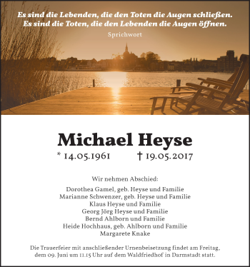 Traueranzeige von Michael Heyse von Trauerportal Echo Online