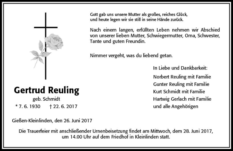  Traueranzeige für Gertrud Reuling vom 26.06.2017 aus  Gießener Anzeiger