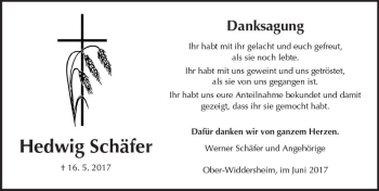Traueranzeige von Hedwig Schäfer von  Kreisanzeiger