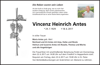 Traueranzeige von Vincenz Heinrich Antes von Trauerportal Echo Online