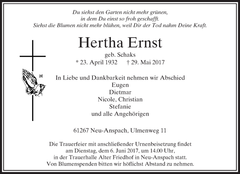  Traueranzeige für Hertha Ernst vom 03.06.2017 aus  Usinger Anzeiger