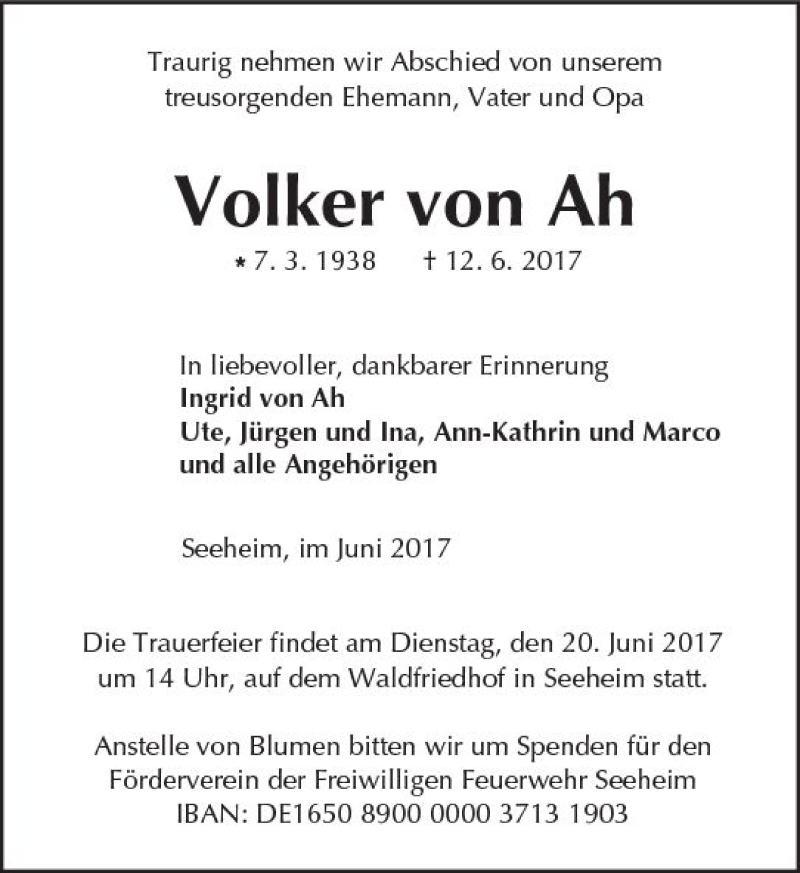  Traueranzeige für Volker von Ah vom 17.06.2017 aus Trauerportal Echo Online