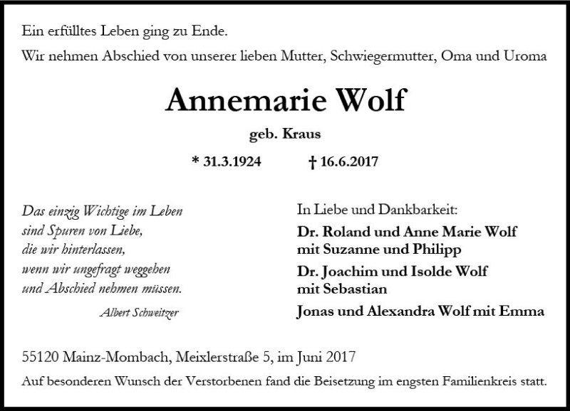  Traueranzeige für Annemarie Wolf vom 24.06.2017 aus Trauerportal Rhein Main Presse