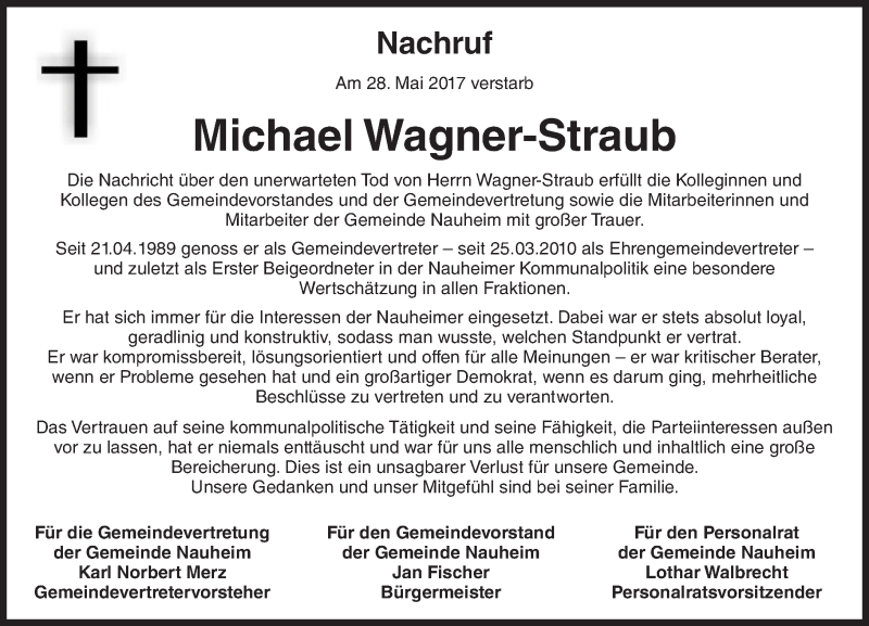  Traueranzeige für Michael Wagner-Straub vom 03.06.2017 aus Trauerportal Rhein Main Presse