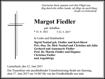 Traueranzeige von Margot Fiedler von VRM Trauer