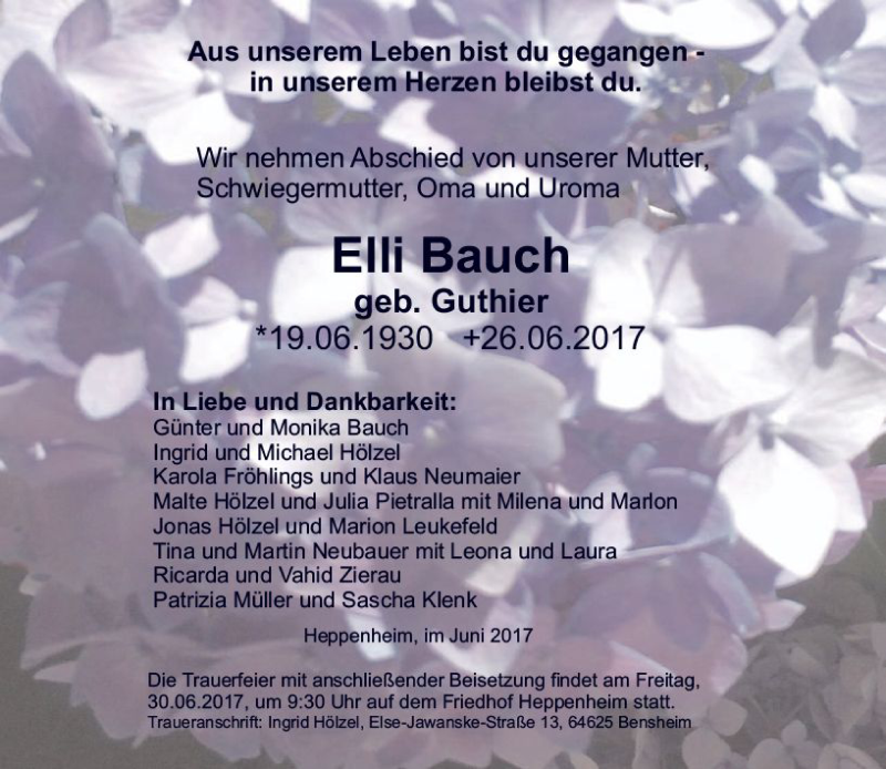  Traueranzeige für Elli Bauch vom 28.06.2017 aus Trauerportal Echo Online