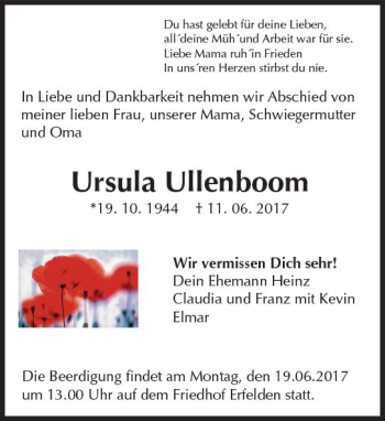 Traueranzeige von Ursula Ullenboom von Trauerportal Echo Online