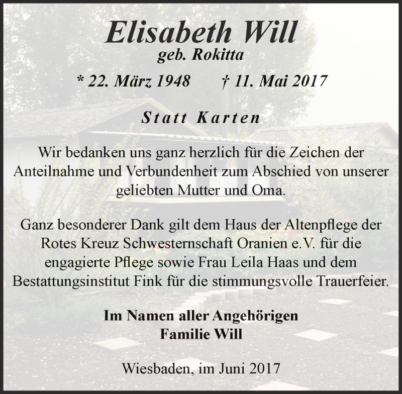  Traueranzeige für Elisabeth Will vom 03.06.2017 aus Trauerportal Rhein Main Presse