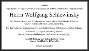 Traueranzeige von Wolfgang Schlewinsky von VRM Trauer