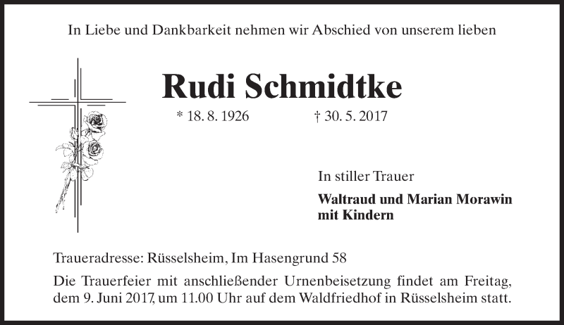  Traueranzeige für Rudi Schmidtke vom 03.06.2017 aus Trauerportal Rhein Main Presse