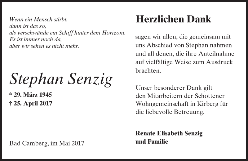  Traueranzeige für Stephan Senzig vom 01.06.2017 aus  Camberger Anzeiger