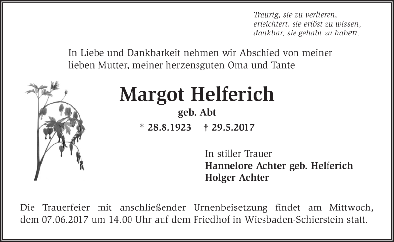  Traueranzeige für Margot Helferich vom 03.06.2017 aus Trauerportal Rhein Main Presse