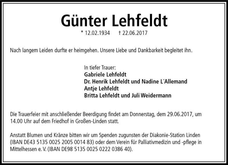  Traueranzeige für Günter Lehfeldt vom 26.06.2017 aus  Gießener Anzeiger
