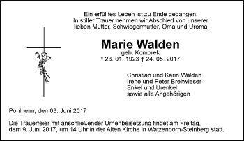Traueranzeige von Marie Walden von  Gießener Anzeiger