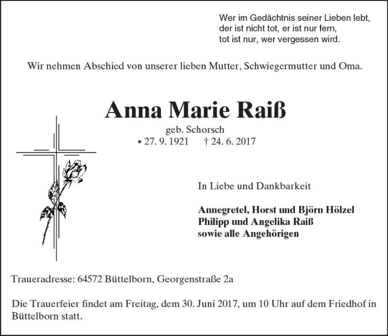 Traueranzeige für Anna Marie Raiß vom 28.06.2017 aus Trauerportal Echo Online